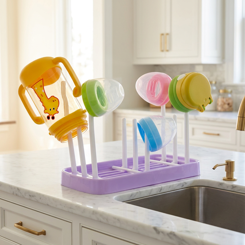 Foldable baby bottle drying rack in a luxury kitchen setting