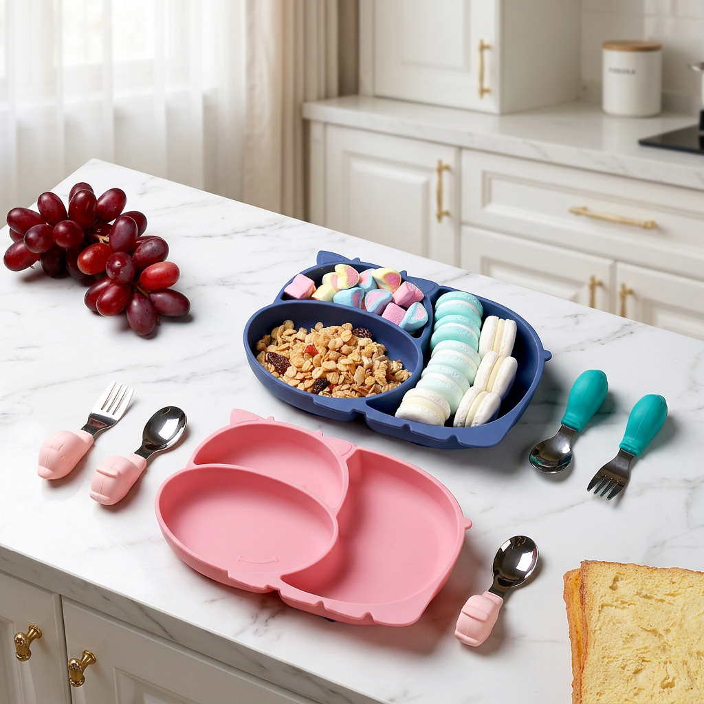Pink and blue divided silicone plates with utensils on a marble kitchen island