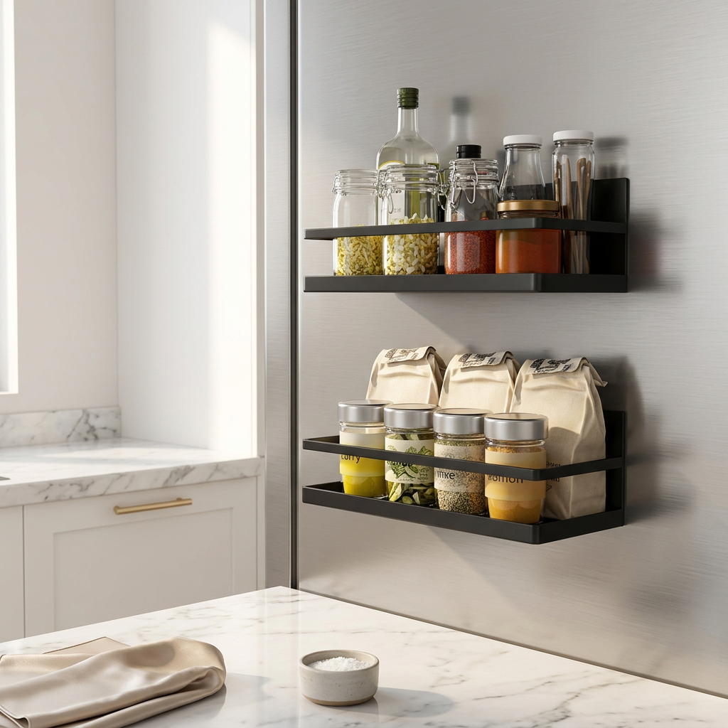 Magnetic refrigerator spice rack in a luxury kitchen setting