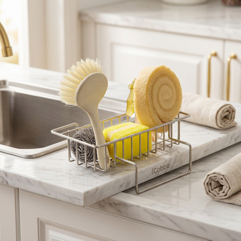 Metal kitchen sink caddy in a luxury kitchen setting