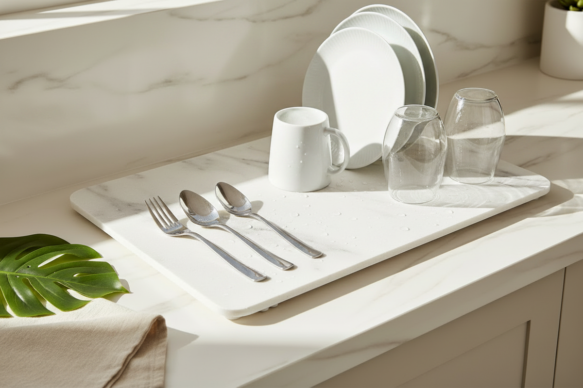 Marble Drying Mat - With Dishes