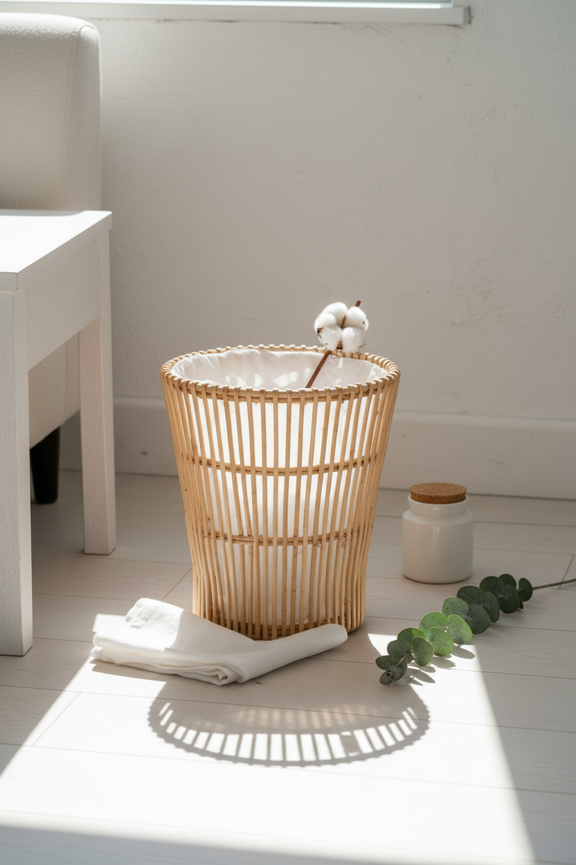 Handmade Willow Rattan Waste Basket with Lining, 27 cm