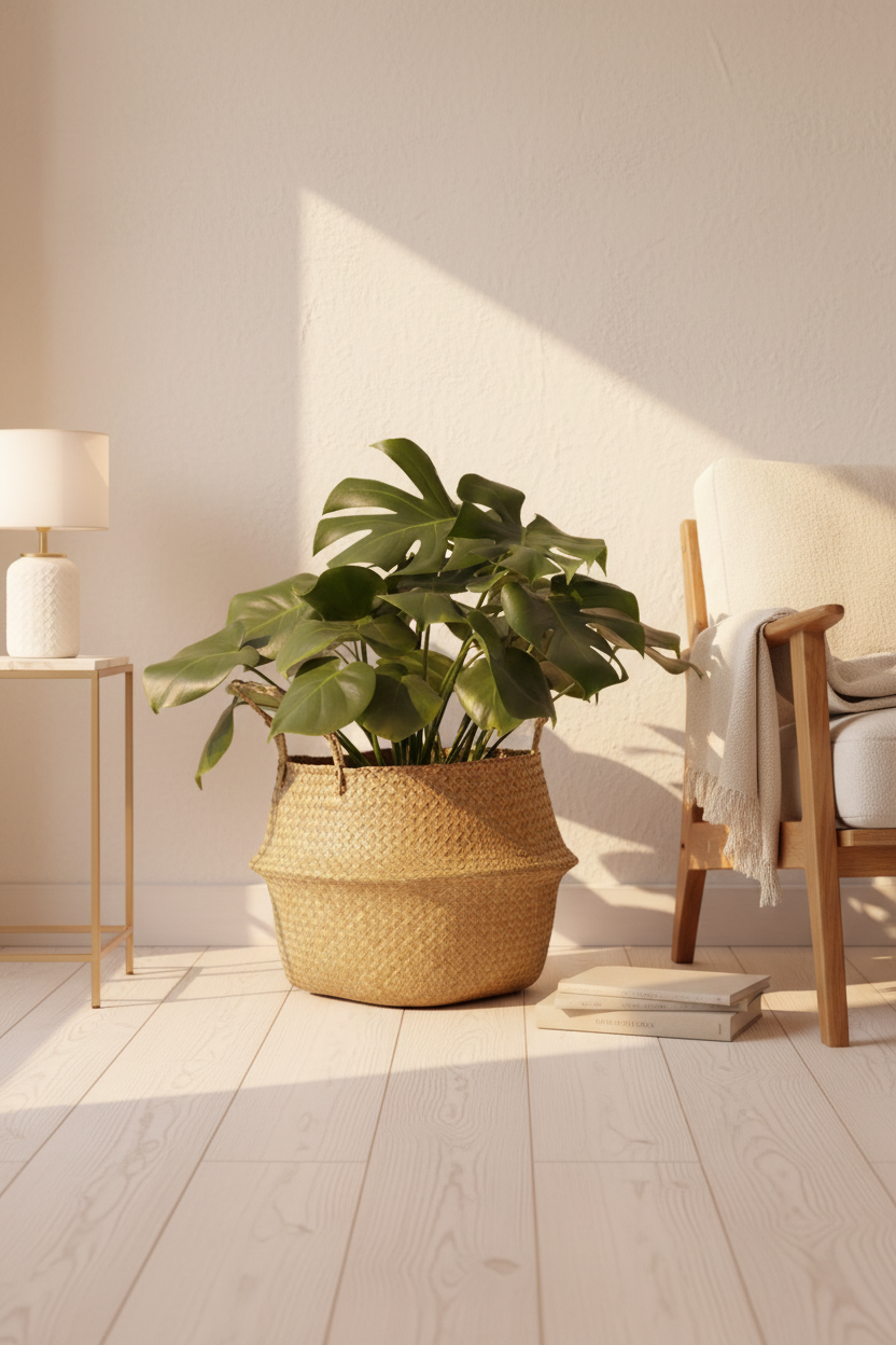 Natural Seagrass Belly Basket with Monstera – EVERVESTA Luxury Living