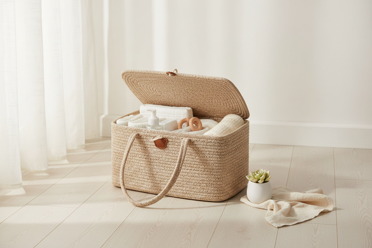 Oatmeal Rope Storage Basket with Hinged Lid – EVERVESTA Luxury Nursery