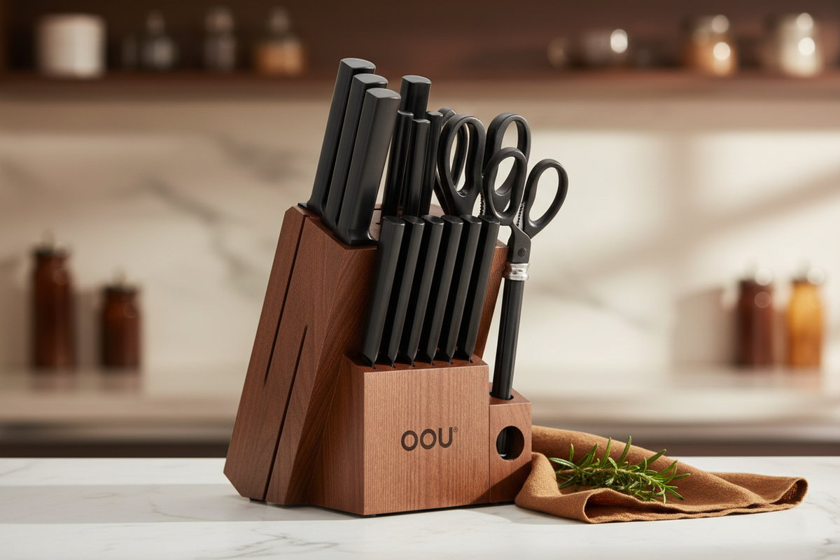 OOU Knife Block Set, 15pc Walnut
