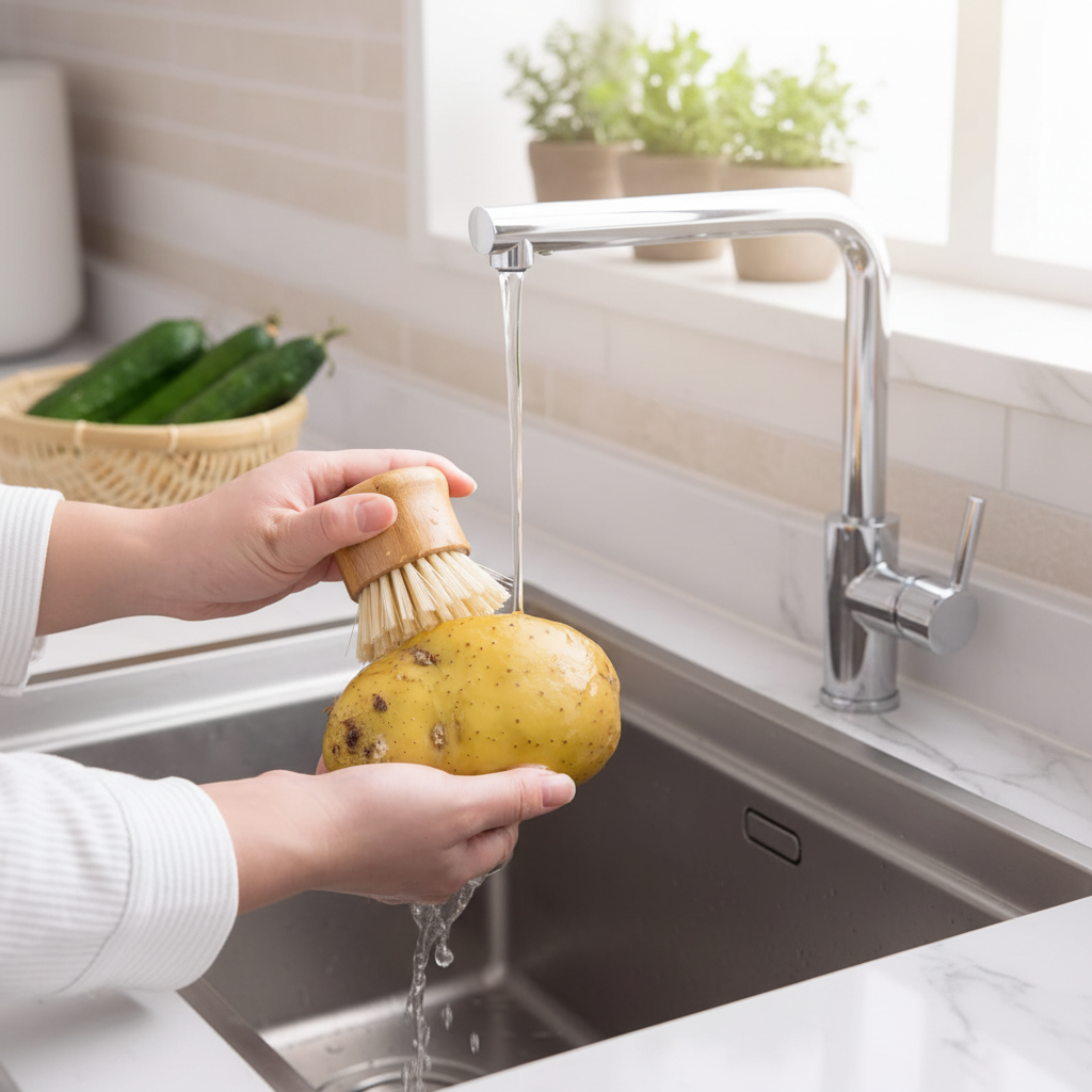 Palm Brush Scrubbing Potato