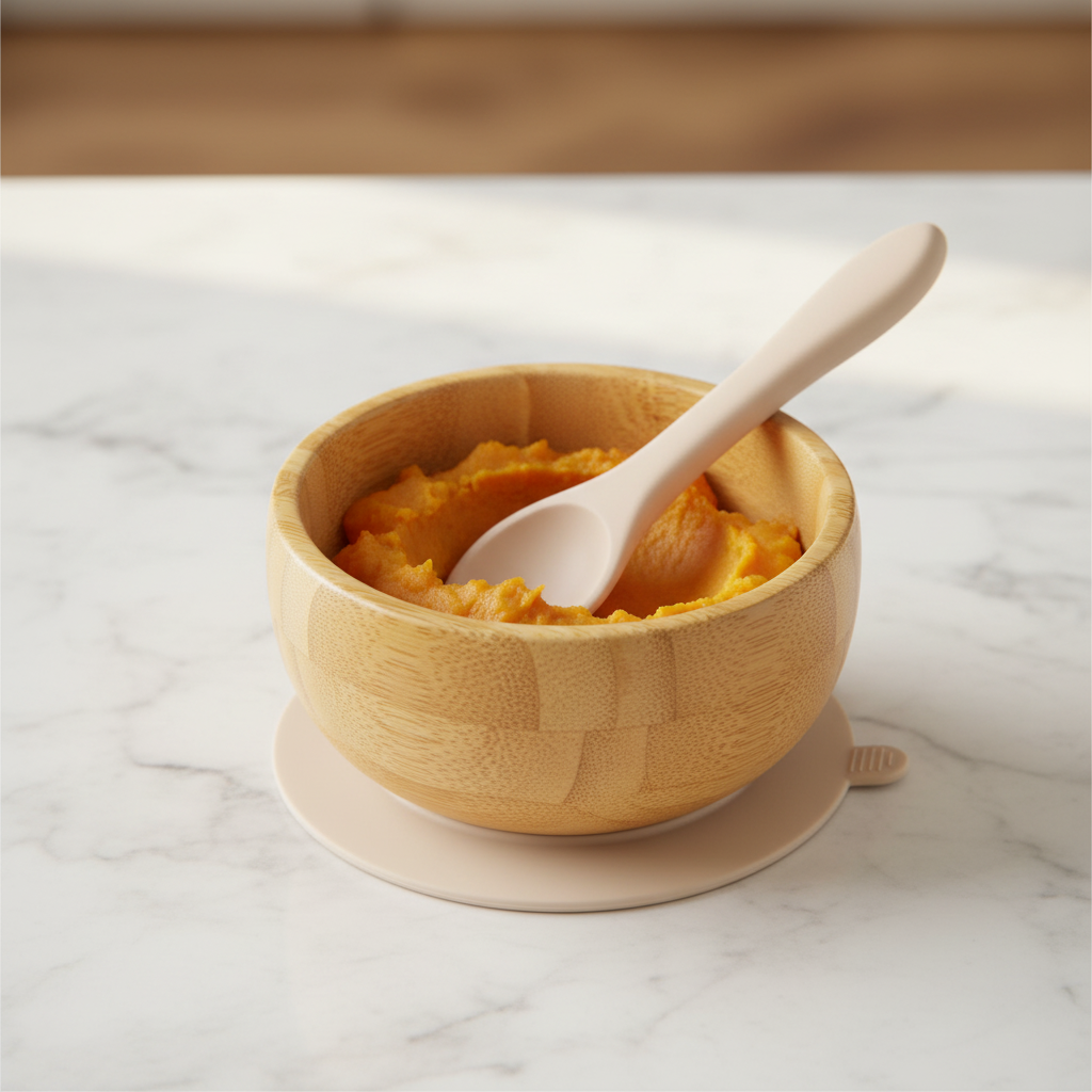 Divided Bamboo Suction Bowl with Silicone Spoons for Toddlers