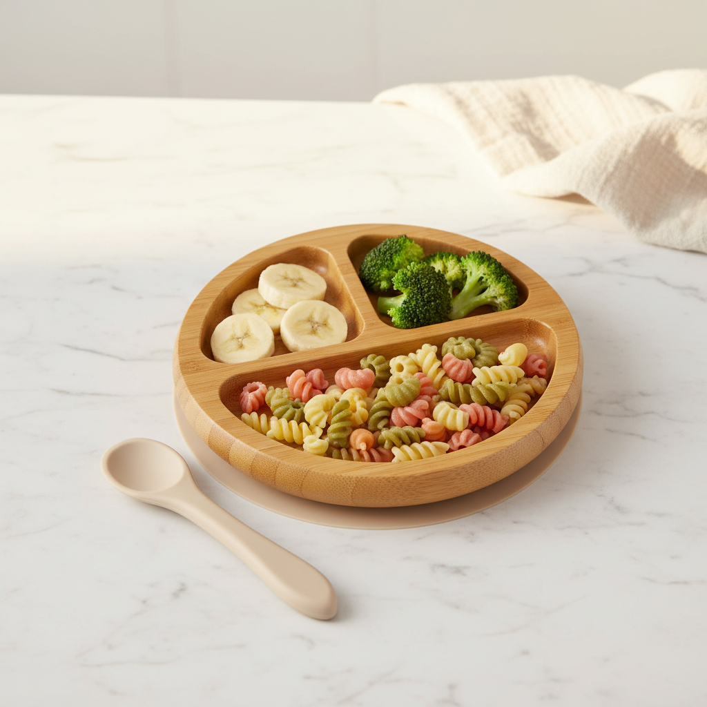 Divided Bamboo Suction Plate with Silicone Spoons for Toddlers
