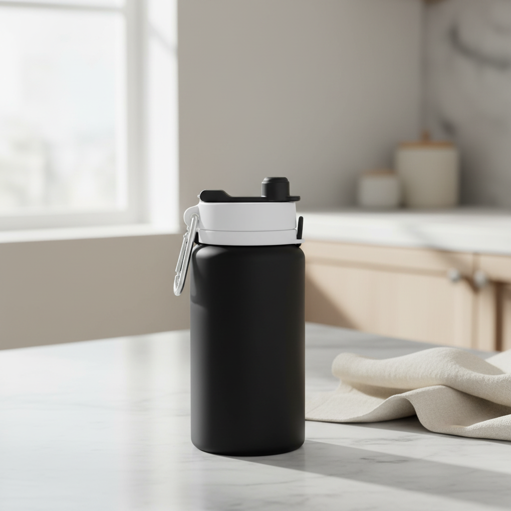 Collapsible Silicone Water Bottle with Metal Hook, 19 oz, Black