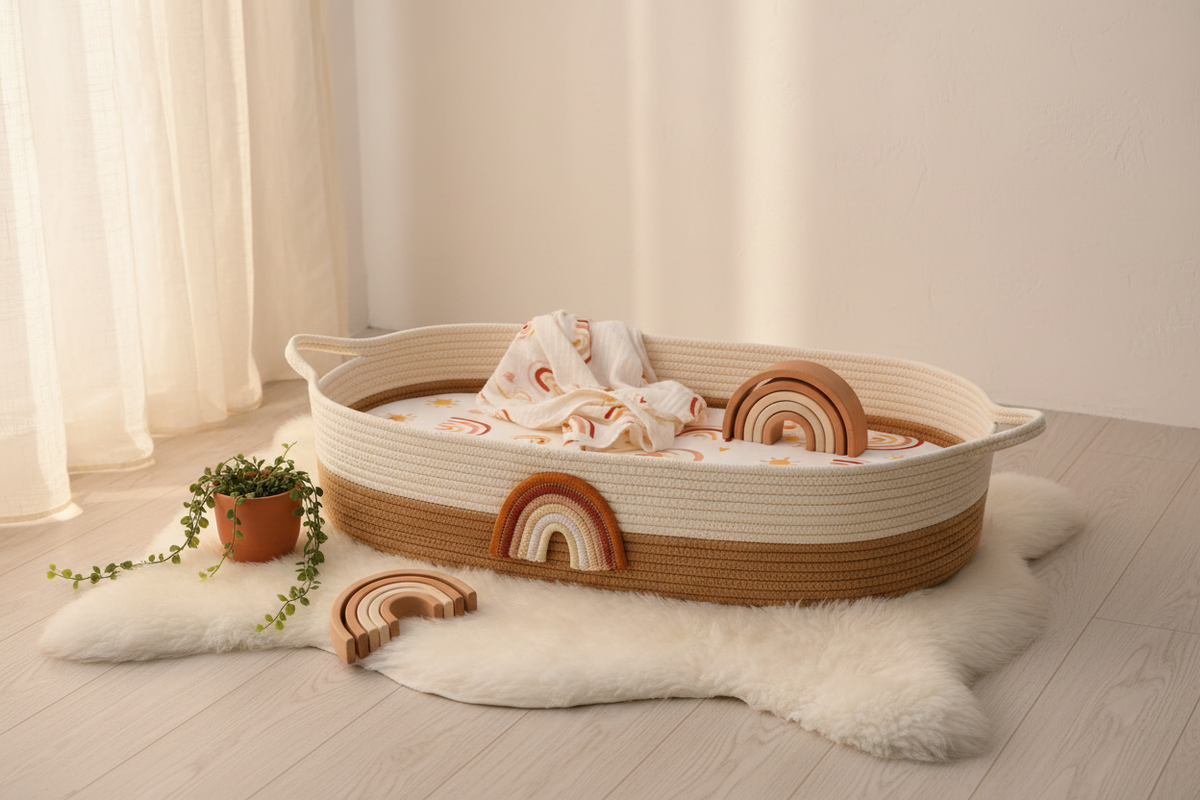 Rainbow Two-Tone Rope Moses Basket – EVERVESTA Boho Luxury Nursery