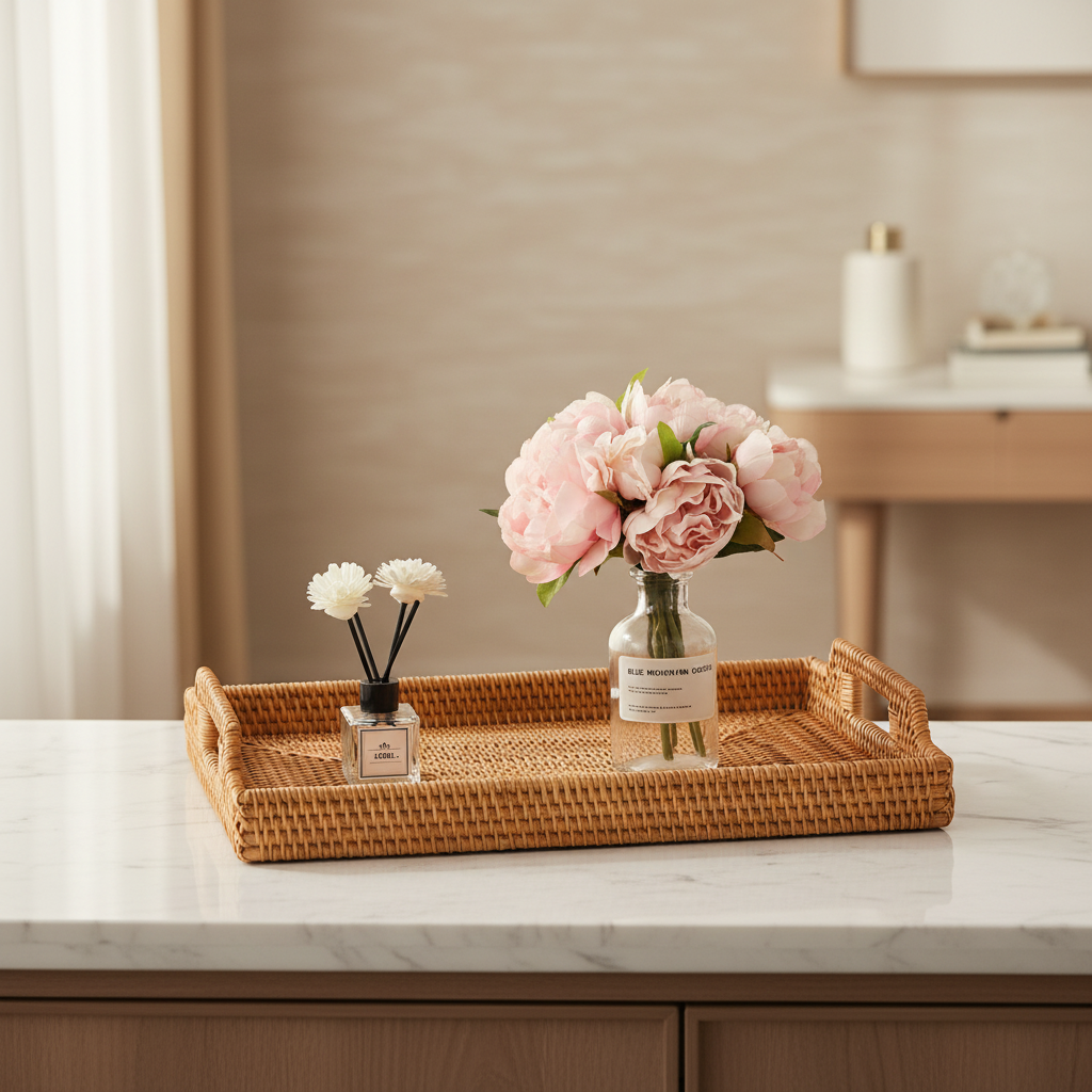 Hand-Woven Rattan Serving Tray with Handles, 17 x 11.4 in