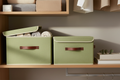 Sage Green Linen Storage Boxes with Leather Handles – EVERVESTA Luxury