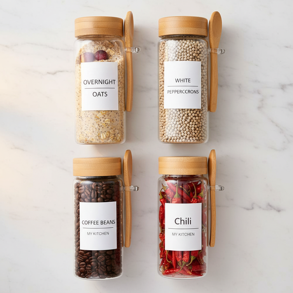 Glass Storage Jars with Bamboo Lids and Spoon, 11.8 oz, 4 Pack