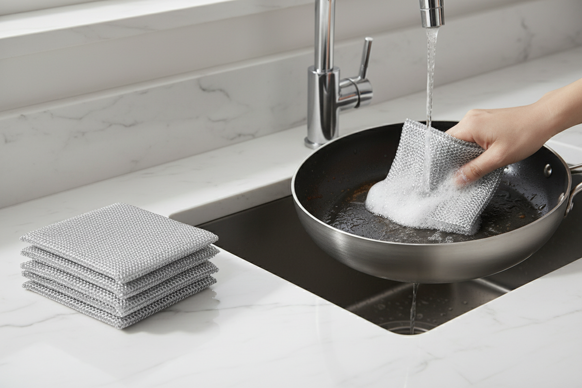 Silver Mesh Scouring Pads Kitchen Sink Scene