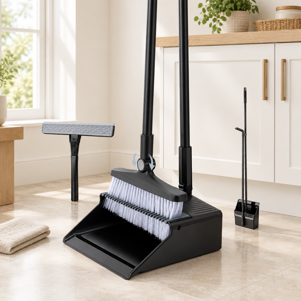 Standing dustpan and brush set in a bright utility room