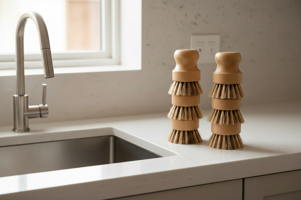 Two Stacks of 3 Wooden Pot Scrubber Brushes