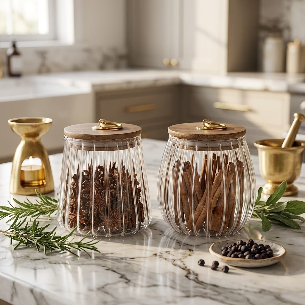 Borosilicate Glass Storage Jar with Bamboo Lid, Striped