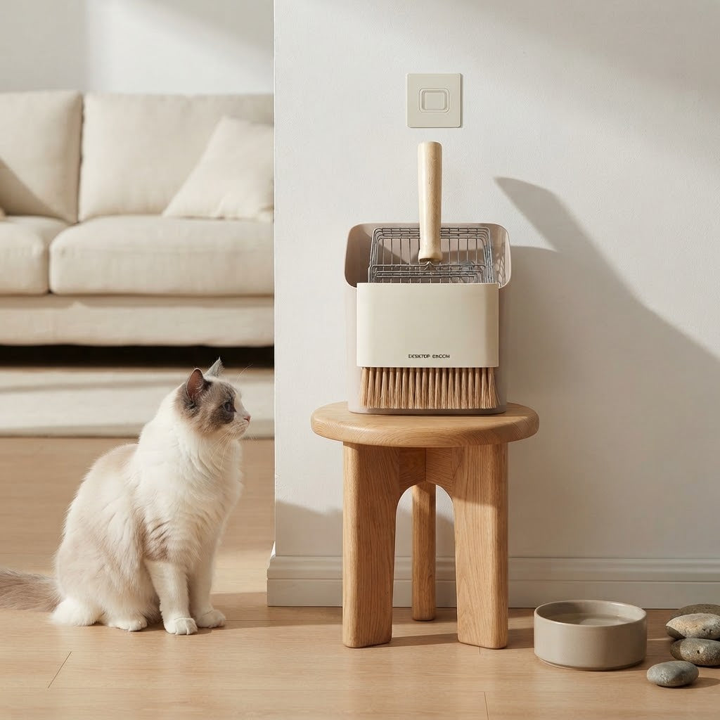 Cat Litter Scoop Kit with Wood Handle, Brush and Dustpan, Gray