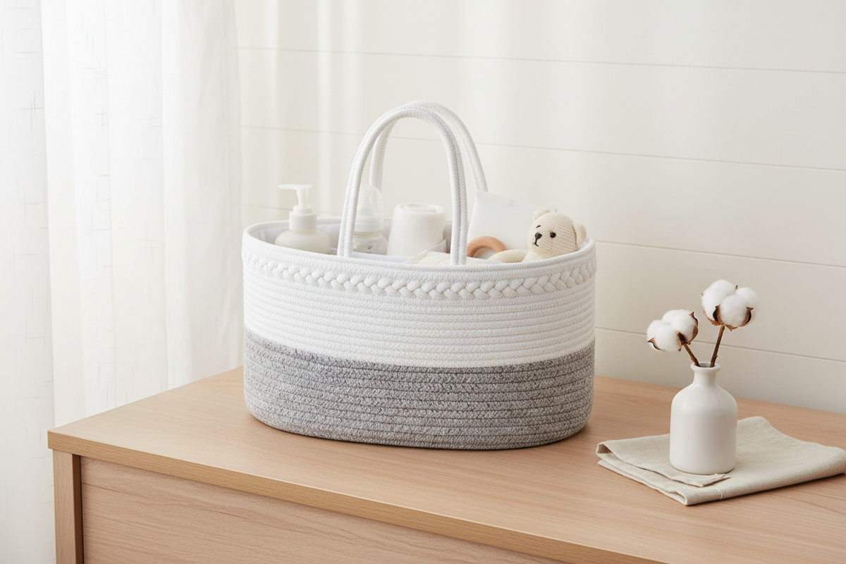 White & Grey Two-Tone Rope Diaper Caddy – EVERVESTA Luxury Nursery