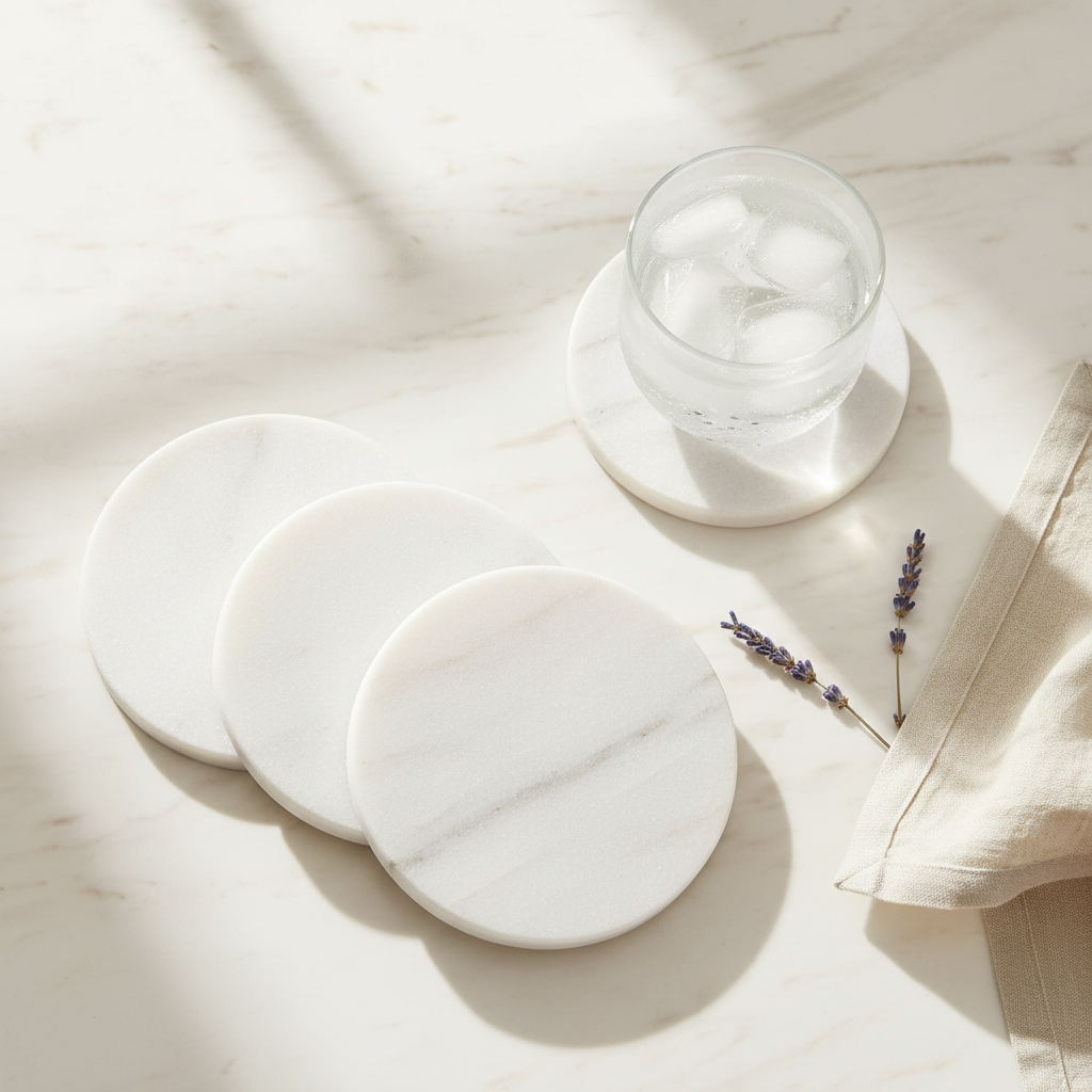 White Marble Coasters - Top angle