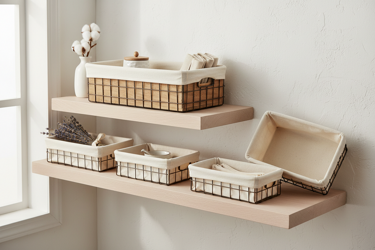 Black Wire Storage Baskets with Wood Base and Liners, Set of 3