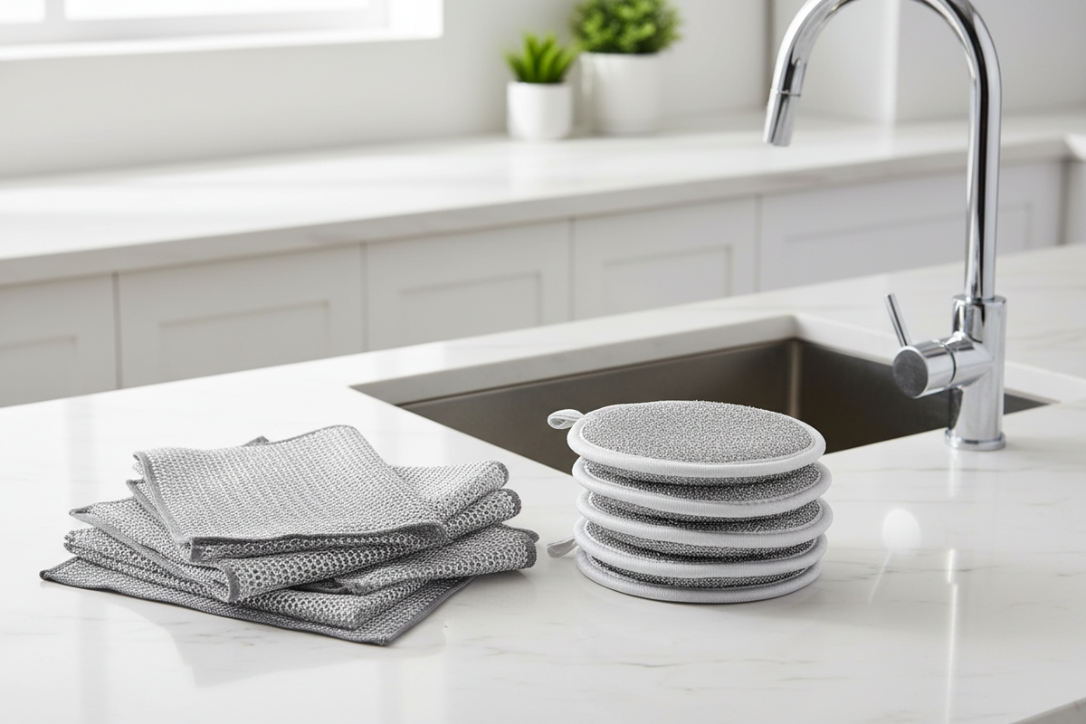 Wire Mesh Folded Rags and Oval Scrubbers Kitchen Sink