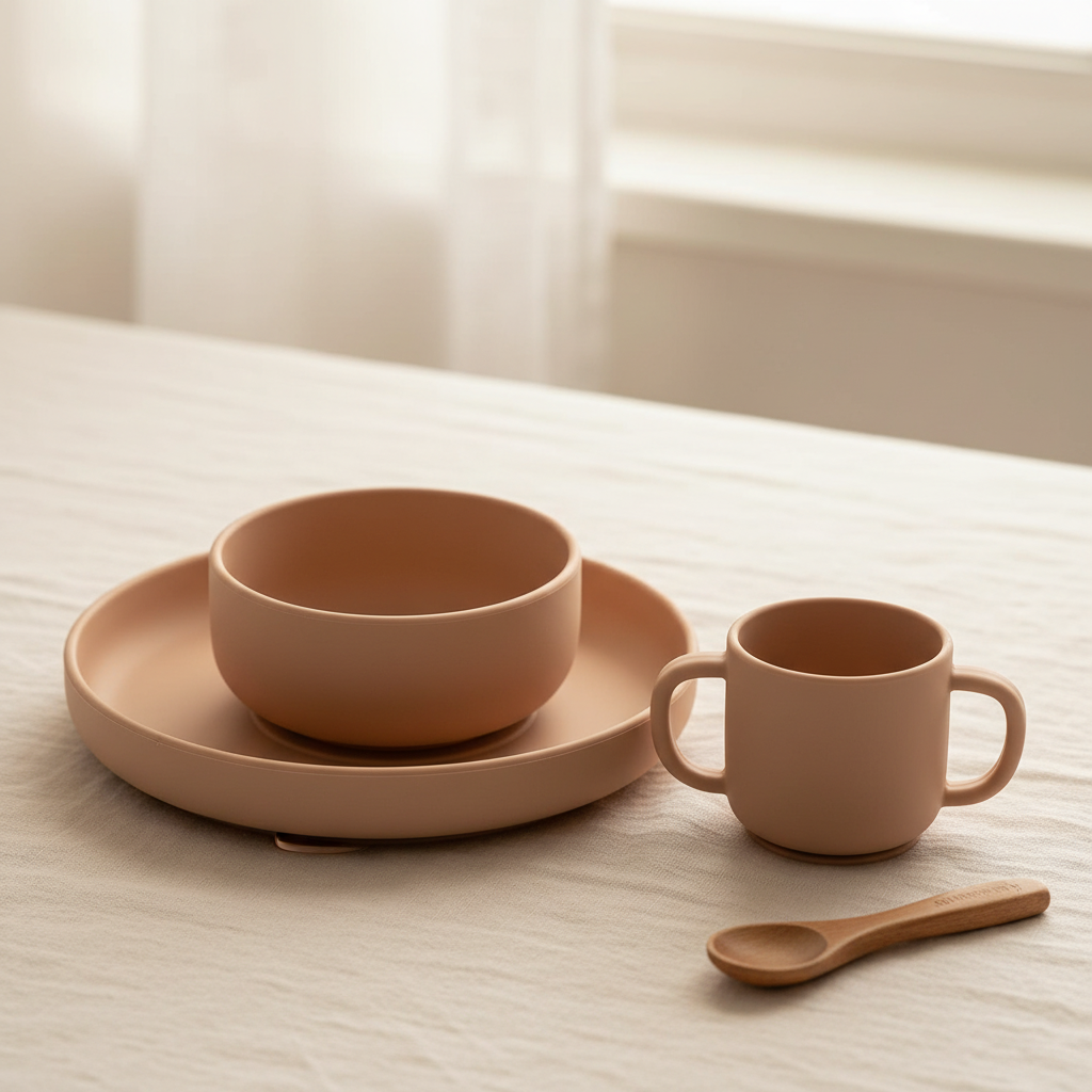 First Stage Silicone Feeding Set with Cup, Suction Bowl and Plate, Honey